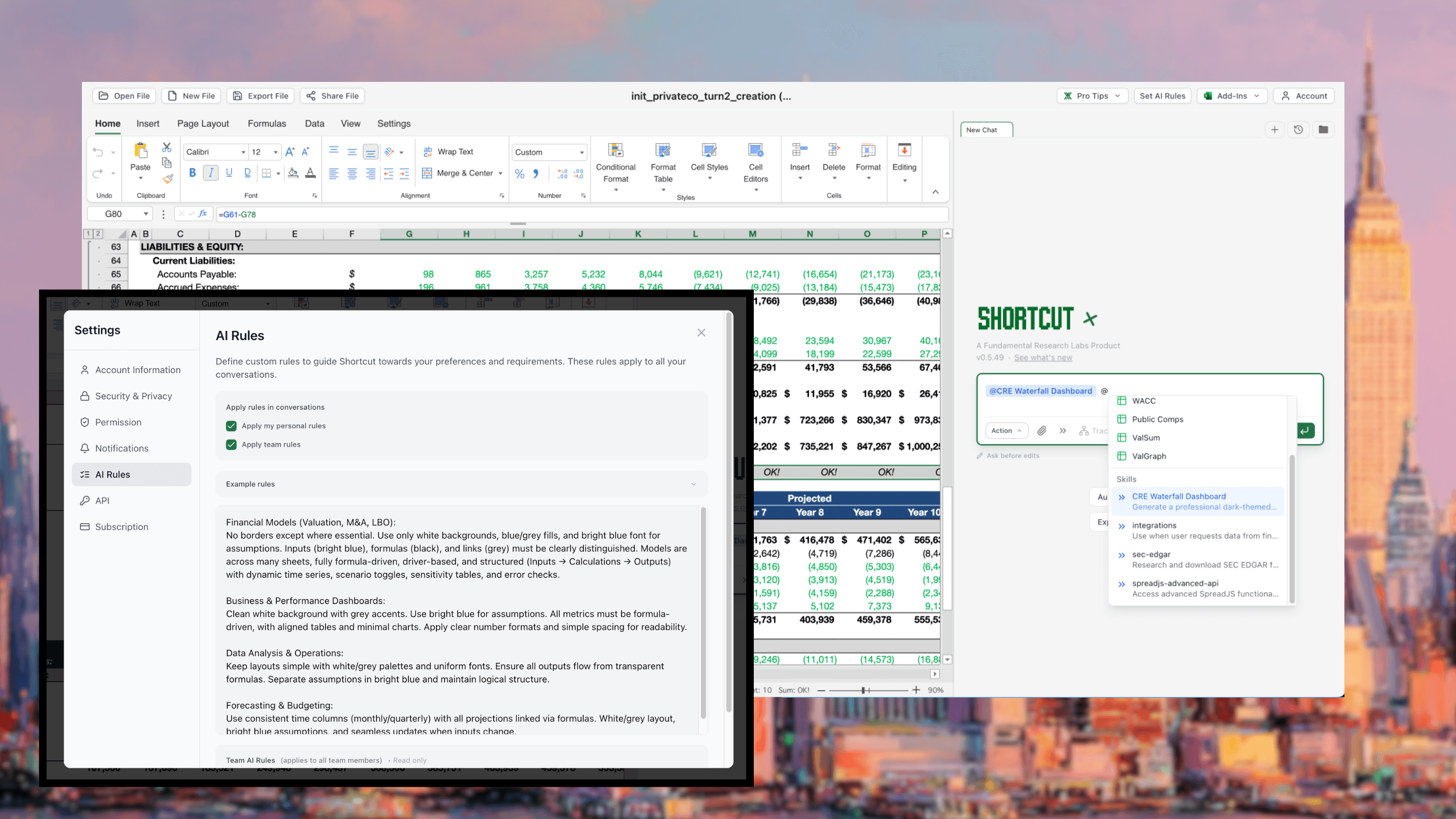 Shortcut AI Rules and AI Skills (Workflows) configuration interface